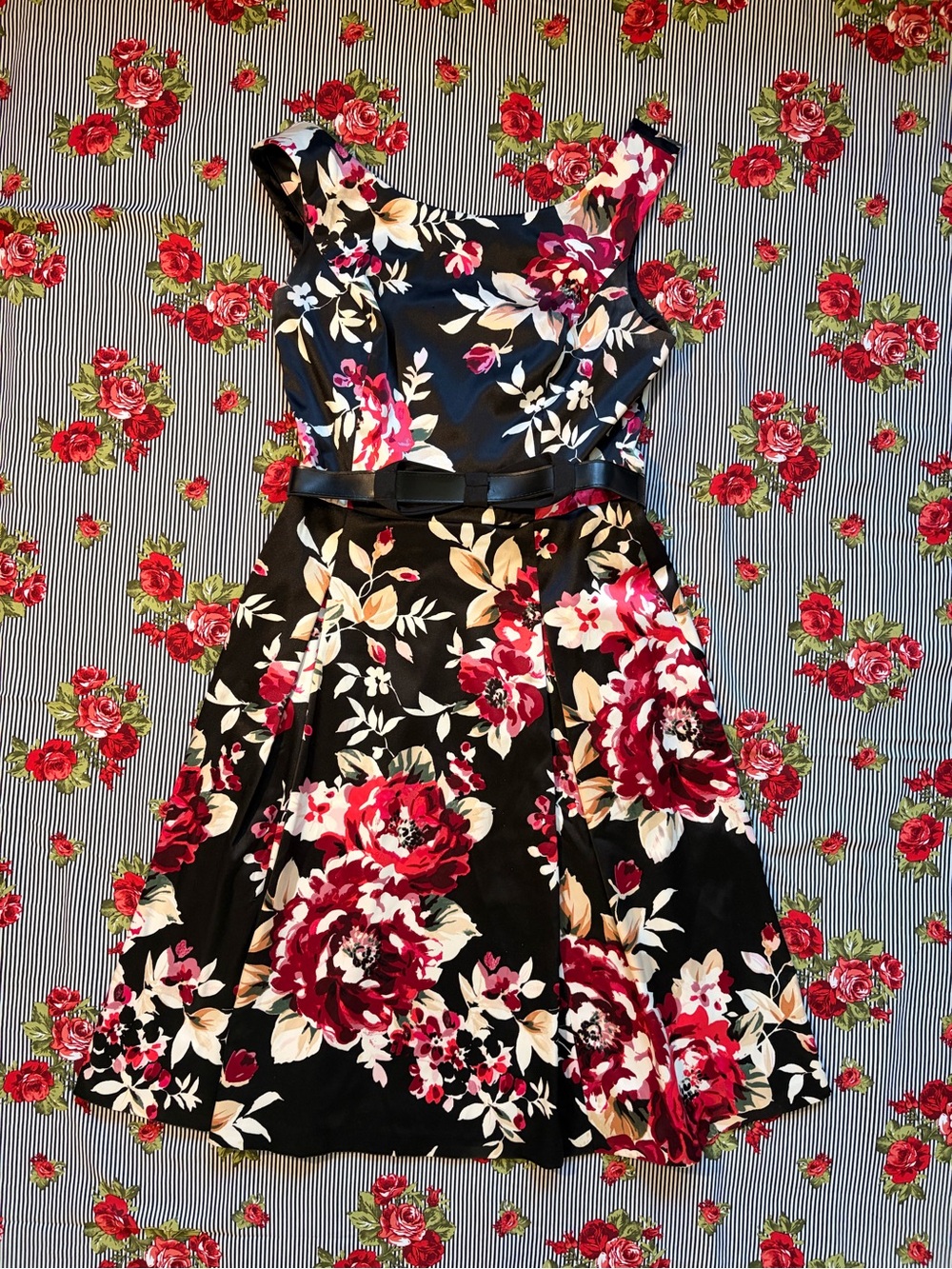 Black Floral Fit-and-Flare Dress with Red and Cream Blooms